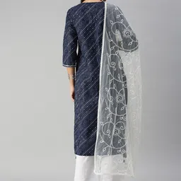 SHOWOFF Women Navy Blue Bandhani Printed Gotta Patti Kurta with Trousers & With Dupatta image 3