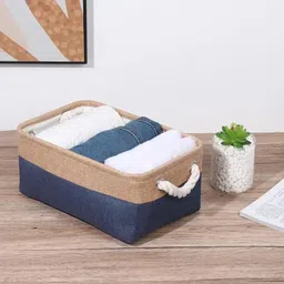 kuber industries Polyester 3 Piece Foldable Storage Basket With Handle For Home (Khaki-Blue) Storage Basket image 2