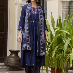 KALINI Floral Embroidered A-Line Thread Work Kurta with Trousers & Dupatta image 4