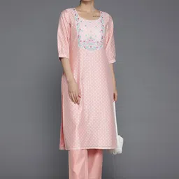 Libas Peach Floral Woven Design Gotta Patti Chanderi Silk Straight Kurta With Trouser image 4