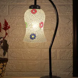 Devansh White & Red Floral Mosaic Design Lamp Glass Table Lamp With Iron Curvy Base image 2