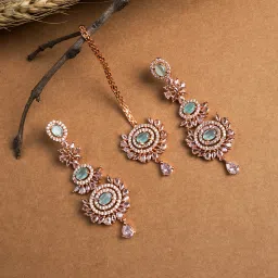 STILEADDA Green Cz Stone Rose Gold Plated Maangtika with Pair Of Earrings image 3