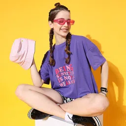 STREET 9 Women Lavender Typography Printed Drop-Shoulder Sleeves Bio Finish Oversized T-shirt image 4