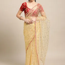 Warthy Ent Floral Embroidered Sequinned Net Saree-image-2