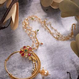 Saraf RS Jewellery Gold-Plated Kundan Studded & Pearls Beaded Enamelled Nosepin-picture-9