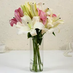 Pink & White Oriental Lilies in Glass Vase image 1