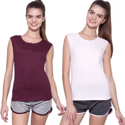 ap'pulse Pack of 2 Women Solid Henley Neck Pure Cotton Maroon, Pink T-Shirt-picture-25