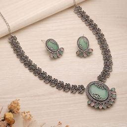 Saraf RS Jewellery Rhodium-Plated Stone Studded Floral Oxidised Necklace & Earrings-picture-9