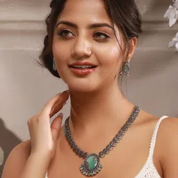 Saraf RS Jewellery Rhodium-Plated Stone Studded Floral Oxidised Necklace & Earrings image 4