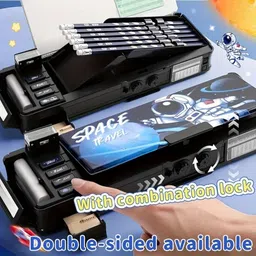 radhey preet Astronaut, Universe Print Multi Compartment Button Operated Password Protected Compass Box For Kids, Price For 1Pc | RP1138 Art Plastic Pencil Box image 3