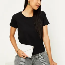 max Women Solid Round Neck Pure Cotton Black T-Shirt image 1