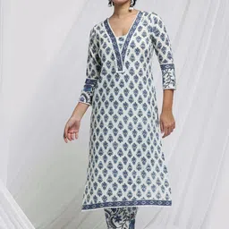 Anouk White Ethnic Motifs Printed Regular Kantha Work Pure Cotton Kurta With Trousers-image-93
