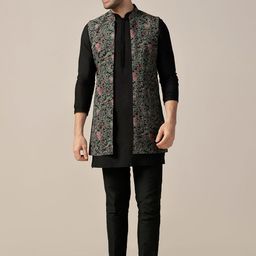 KISAH Men Mandarin Collar Straight Kurta with Churidar & Printed Nehru jacket-picture-0