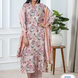 Vidraa Western Store Floral Printed Chanderi Cotton Kurta With Trousers & Dupatta-picture-37