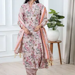 Vidraa Western Store Floral Printed Chanderi Cotton Kurta With Trousers & Dupatta image 3