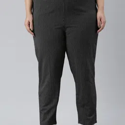 Go Colors Plus Size Women Comfort Mid Rise Striped Plain Knitted Linen Casual Trousers-picture-18