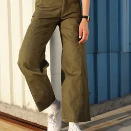 STREET 9 Women Olive Green Relaxed High-Rise Loose Fit  Regular Trousers-image-15