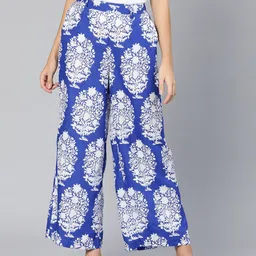 Oxolloxo Women Blue Floral Printed Trousers-image-49