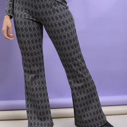 Basics By Tokyo Talkies Women Geometric Self Design Slip On Bootcut Trousers-image-66