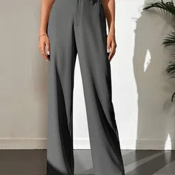 BROADSTAR Women Grey Smart Loose Fit High-Rise Cotton Trousers-image-80