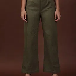 Freehand by The Indian Garage Co Women Flared High-Rise Pure Cotton Pleated Trousers-picture-19
