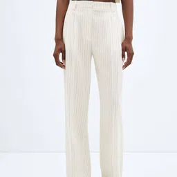 MANGO Women Linen Blend Micro Striped High-Rise Pleated Trousers-image-10