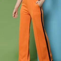 KASSUALLY Women Orange Striped Straight Fit High-Rise Pleated Trousers-picture-23