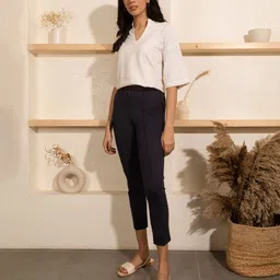 elleven Women Navy Blue Solid Pleated Cigarette Trousers-picture-40