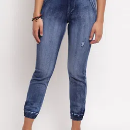 TALES & STORIES Women Blue Faded Slim Fit Joggers Trousers-picture-36