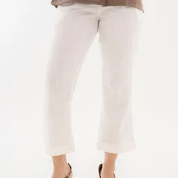 Halff Grey Women Relaxed Straight Leg Mid Rise Cotton Pleated Cigarette Trousers-picture-15