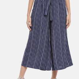 People Women Navy Blue & White Striped Pleated Cropped Culottes Trousers-picture-21
