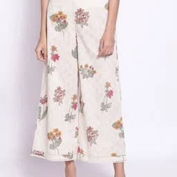 W Women Beige Floral Printed Culottes Trousers-image-56
