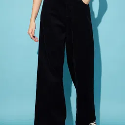 STREET 9 Women Black Flared High-Rise Corduroy Parallel Trousers-picture-34