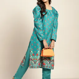 Sangria Girls Green & Red Floral Print Kurta with Trousers-picture-27