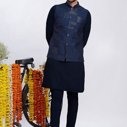 KISAH Men Sequinned Embroidered Regular Fit Kurta Jacket Trouser Set-picture-18