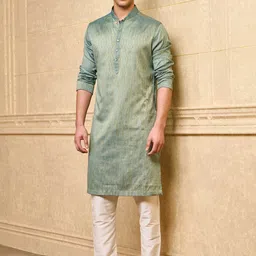 Tasva Woven Design Mandarin Collar Straight Kurta with Trousers-picture-23