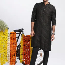 KISAH Checked Mandarin Collar Regular Kurta with Trousers image 1