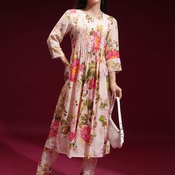 Vishudh Floral Printed Pin Tucks Design A-Line Kurta With Trousers-picture-35