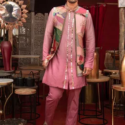 Soniya g Abstract Printed Band Collar Beads & Stones Straight Kurta With Trousers & Jacket image 1