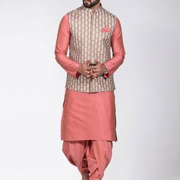 KISAH Men Peach-Coloured Floral Kurta with Trousers & Nehru Jacket-picture-16