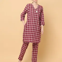 aayusika V-Neck Checked Regular Pure Cotton Pathani Kurta with Trousers image 1