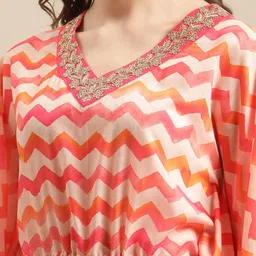 Varanga Coral Red Chevron Printed Zari Embroidery Neckline Kaftan Kurta with Trousers image 5
