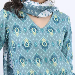 Vishudh Women Blue Printed Empire Pure Cotton A-Line Kurti With Trousers And Dupatta image 2