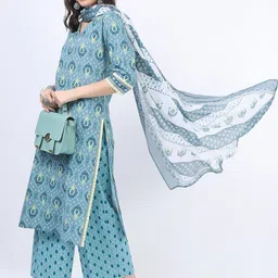Vishudh Women Blue Printed Empire Pure Cotton A-Line Kurti With Trousers And Dupatta image 4