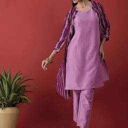 Anouk Violet Sequinned Round Neck Regular Kurta with Trousers & Shrug image 1
