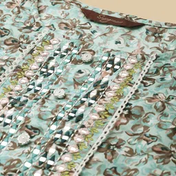 Sangria Sea Green & Brown Floral Printed Pure-Cotton Straight Kurta With Trouser & Dupatta image 3