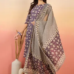 Sangria Floral Printed Pure Cotton Round Neck Kurta With Trousers & Dupatta image 4