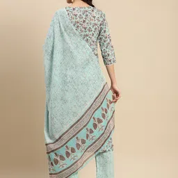 Sangria Sea Green & Brown Floral Printed Pure-Cotton Straight Kurta With Trouser & Dupatta image 5