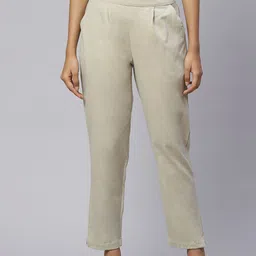 SVARCHI Women Beige Pure Cotton Relaxed Easy Wash Pleated Trousers-image-37