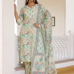 Anouk Cream Floral Printed Pure Cotton Straight Kurta With Trousers & Dupatta-picture-34